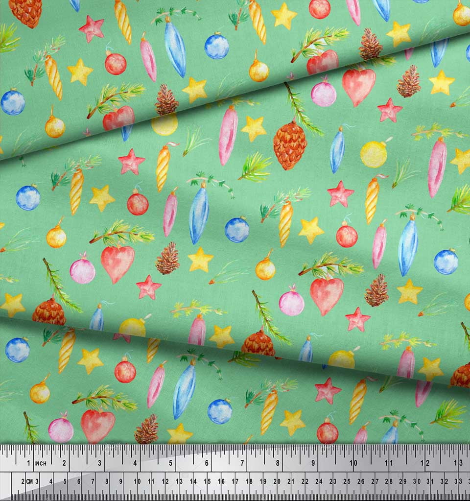 Soimoi Green Silk Fabric Star & Baubles Christmas Print Fabric by the Yard 42 Inch Wide