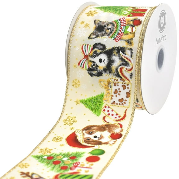 Homeford Christmas Tree Doggies Satin Wired Ribbon, Ivory, 2-1/2-inch, 10-yard