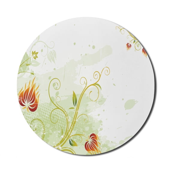 Floral Mouse Pad for Computers, Swirled Petals Lines on Grunge Background Retro Scroll Botany, Round Non-Slip Thick Rubber Modern Gaming Mousepad, 8" Round, Green Green, by Ambesonne