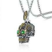 Sugar Skull Green Eye Pendant Necklace, Stainless Steel Punk Biker Men Jewelry with 24 inches Chain