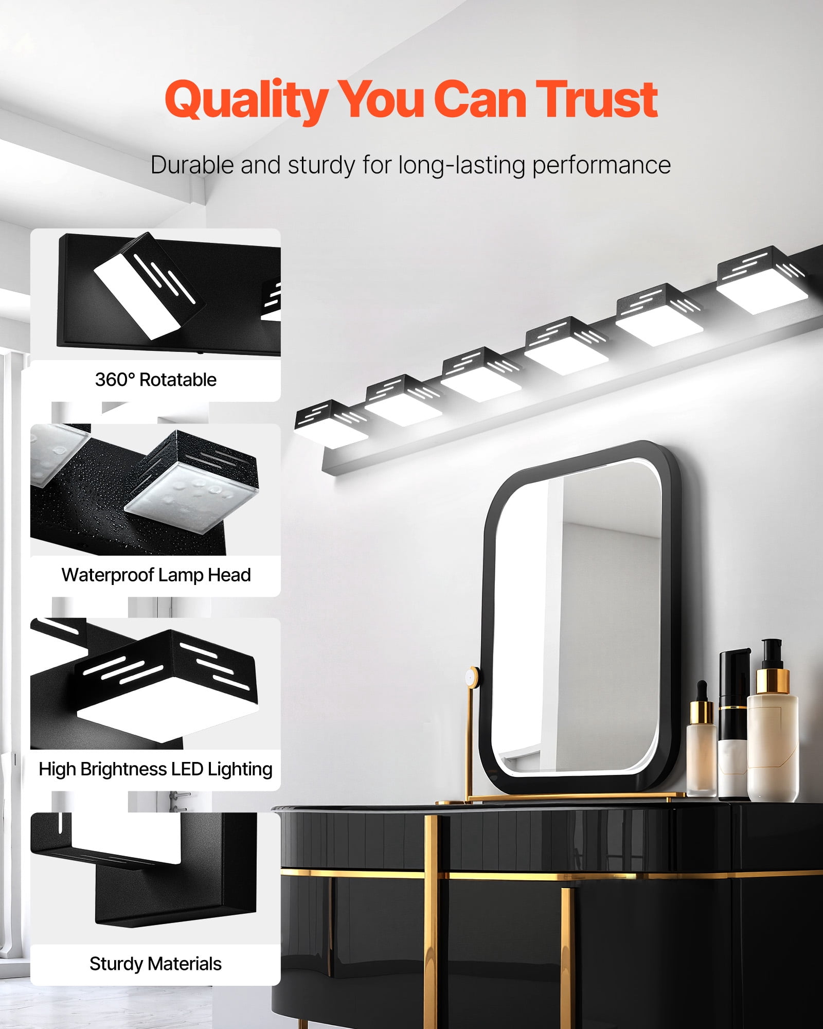 VEVOR 6-Light LED Modern Vanity Light Fixtures,40.35-Inch,Black Finish Bathroom Wall Lighting Fixture Over Mirror, with IP44 Waterproof, for Bathroom, Living Room, Bedroom, Hallway, Cool White 6000K