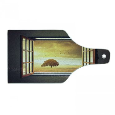 Spring Cutting Board, Looking out an Open Window to a Sunny Spring Birds Countryside Landscape, Tempered Glass Cutting and Serving Board, Wine Bottle Shape, Grey Marigold Brown, by Ambesonne