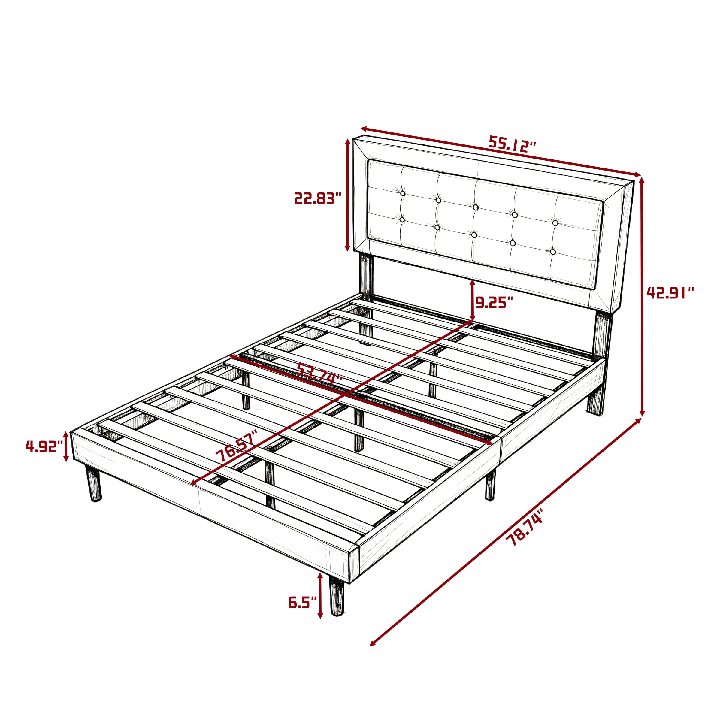 BSHTI Full Size Platform Bed Frame with Square Tufted Upholstered Headboard – Solid Wood Frame, 12 Wood Slats, Center Support Leg, Under-Bed Clearance, No Box Spring Needed