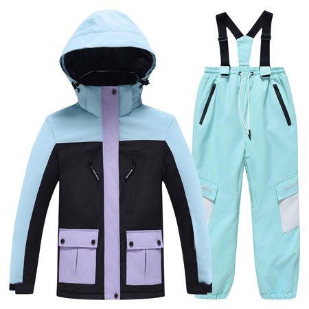 TEAJOPSUU Kids Snowsuits Boys Girls Thick Waterproof Windproof Insulated Ski Jacket and Suspender Snow Pants Winter Warm Snowsuit Set D-Black