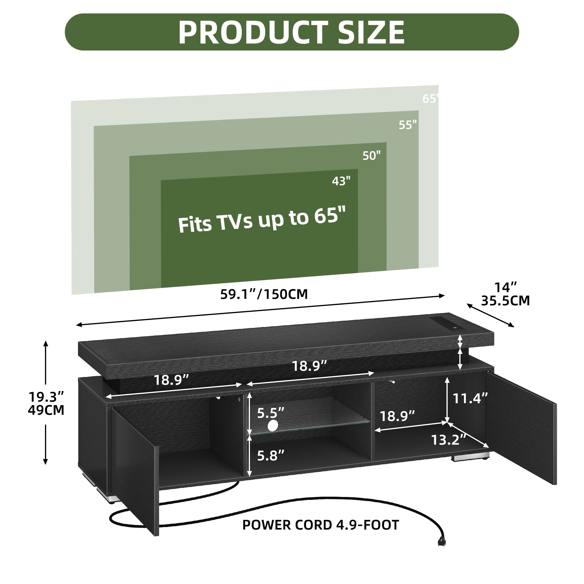 Uforic TV Stand for 65 inch TV with LED Light, Modern Entertainment Center TV Console Media Cabinet, Black