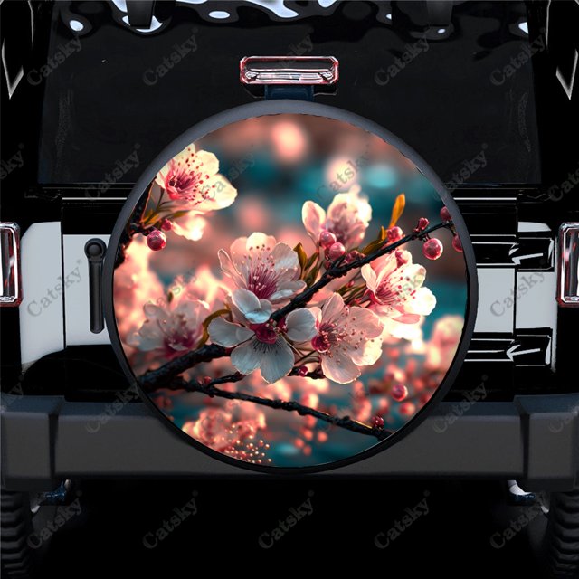 Dreamy Beautiful Cherry Blossom Pattern Polyester Universal Spare Wheel Tire Cover Wheel Covers for Trailer RV SUV Truck Camper