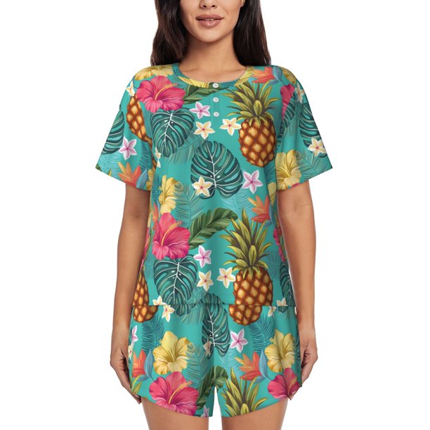 Fotbe Pineapple Conjunto de Pijama Estampado para Mujer, 2 Piezas, Ropa de Dormir con Camiseta de Manga Corta y Shorts Suaves-Small