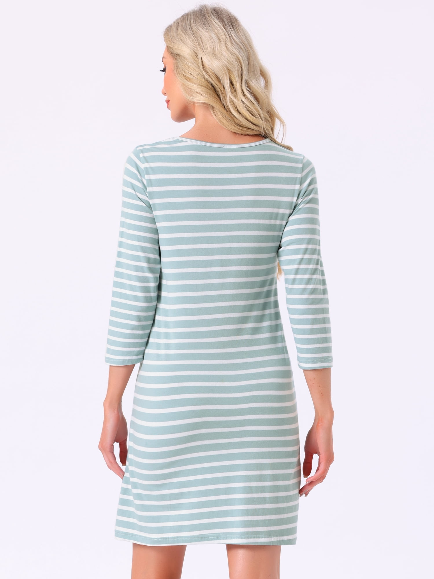 DARING DIVA Women's Cotton Stripe 3/4 Sleeve Round Neck Midi Sleepdress L Green