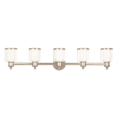 

Polished Nickel Tone Finish Bathroom Vanity Steel Material Medium Base 45 Wide 5 Light Fixture