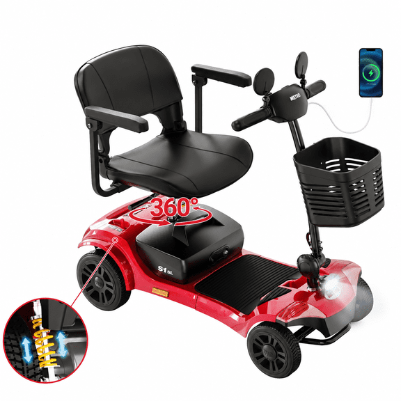 Mobility Scooter for Seniors, Segmart 4-Wheel Electric Mobility Scooter with 360° Swivel Seat, Anti-Tip Wheels, Detachable Battery, USB, LED Light, 300 lb Capacity, Red