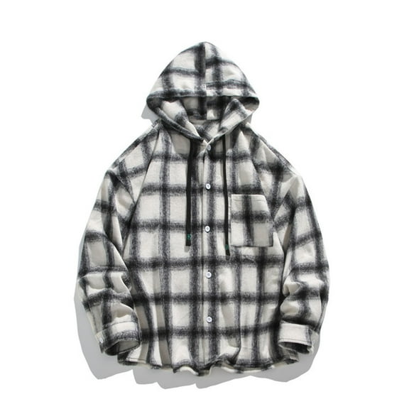 Goodtrade8 Mens Hooded Jackets Long Sleeve Outwear Winter Thick Fleece Casual Plaid Coats for Men