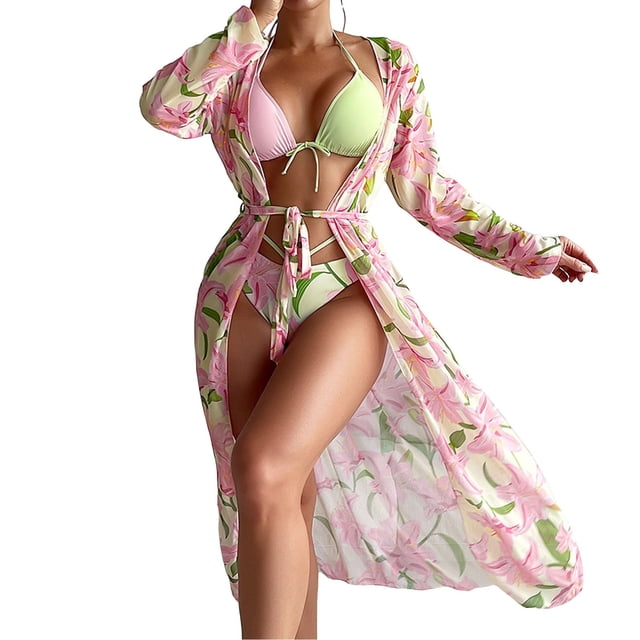 Gibobby Traje de Baño Sexy Bikini Bikinis de cintura alta 2024 Conjunto de bikini sexy de 3 piezas Traje de baño para mujer Traje de baño push up de mang(Rosa,XL)