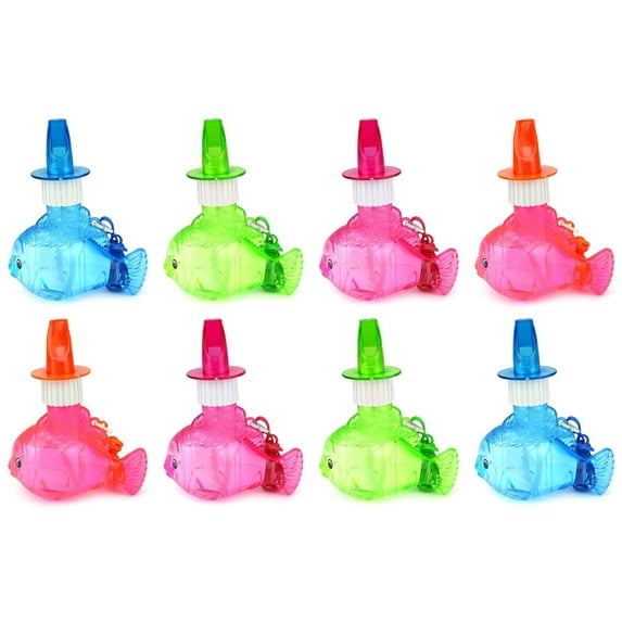 Set of 8 Fun Fish Toy Bubble Bottle Necklaces w/ Integrated Whistle (Colors May Vary)