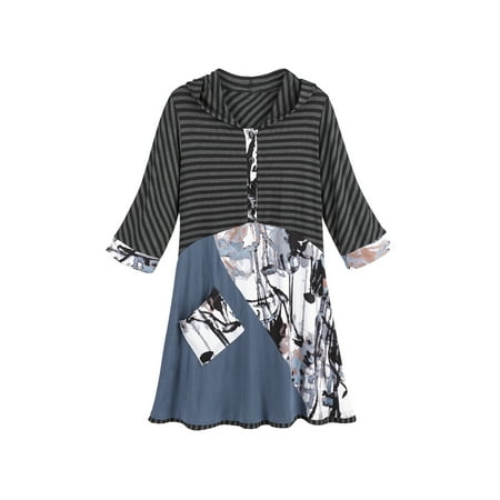 - Catalog Classics Hooded Mixed Prints Tunic Top Henley 4-Button Front 3/4 Sleeves