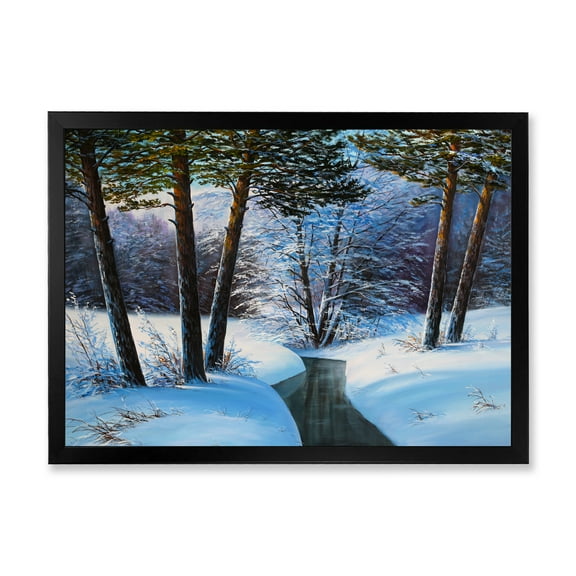 Designart 'Christmas Forest With Trees and River III' Traditional Framed Art Print