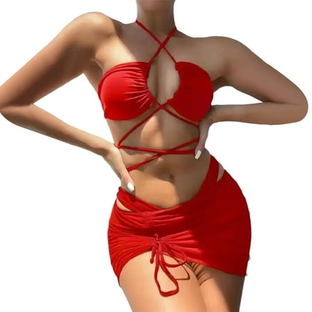 JIANJIA Swim Suits for Women Summer Solid Color Lace Up Halter Hollow Sexy Brassiere With Thongs Mesh Cover Up Swimming Skirt Casual Three Piece Bikinis Swimwears Beachwear Red XL
