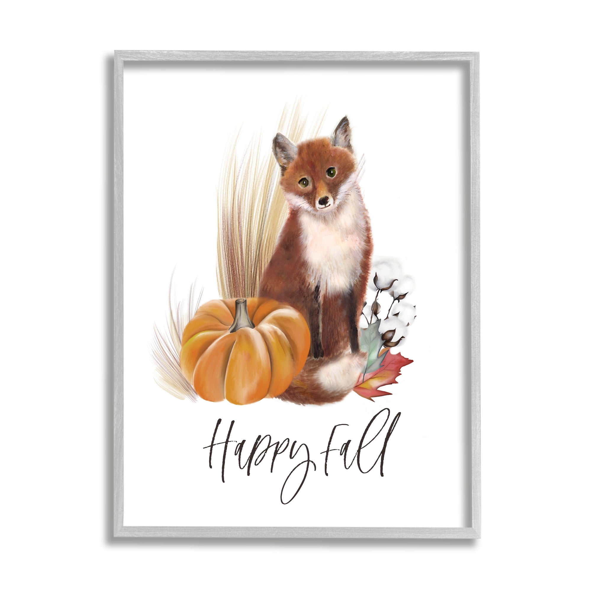 Stupell Industries Happy Fall Scenic Autumn Fox Pumpkin Botanicals Graphic Art Gray Framed Art Print Wall Art, Design by Studio Q