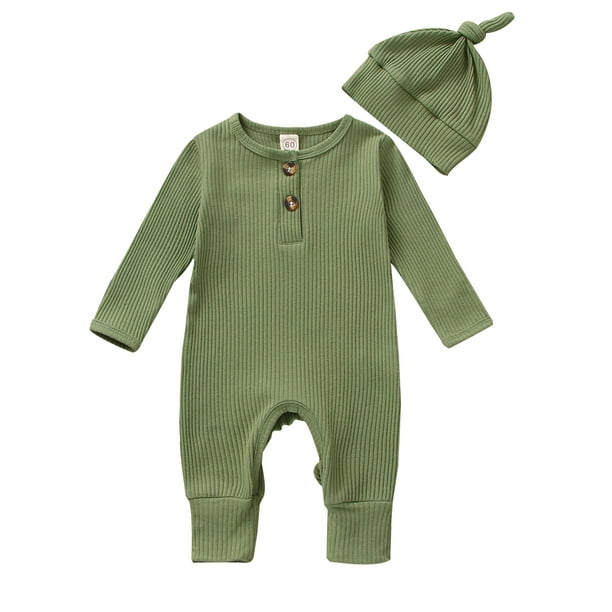 Musuos Baby Boy Girl Romper Hat Ribbed Knit Long Sleeve Button Solid ...