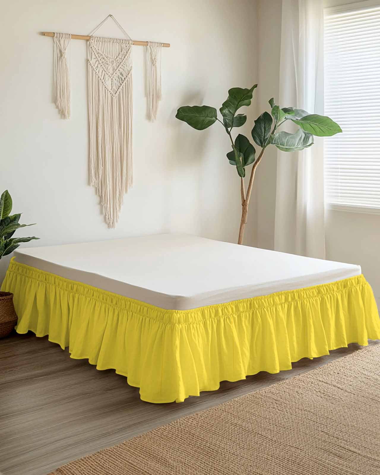 Yellow Bed Skirt Queen Size 16" Drop Solid Color Ruffled Wrap Around Bed Skirts Adjustable Elastic Bedskirt Dust Ruffle for Queen Size Bed