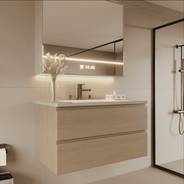 24" Width Wall-Mount Bathroom Vanity – Modern Floating Vanity with Soft-Close Drawers, Laminate Doors, Plywood Construction, Cosmo Sand