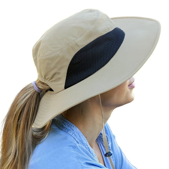 Solaris Women Ponytail Sun Hat for Hiking, Fishing and Gardening, Outdoor UV Protection Safari Hat for Women with Breathable Mesh and Ponytail Hole Opening, Tan