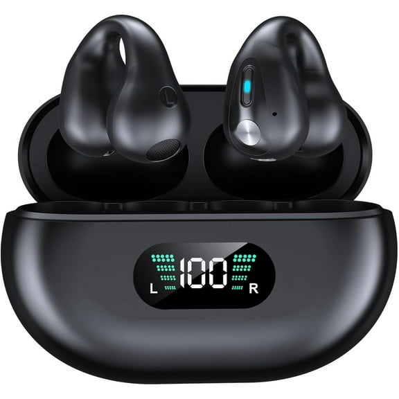 Open Ear Bone Conduction Headphones Bluetooth 5.3 Wireless Clip On Earbuds with Charging Case,IPX5 Waterproof Earphones Sport, Clip-on Earphones, for Running, Walking, Workout