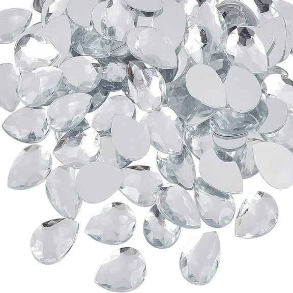 100pcs/box 25mm Teardrop Acrylic Rhinestone Faceted Gems Cabochons with Silver Plated Flat Back for Costume Making Cosplay Jewels Embelishments