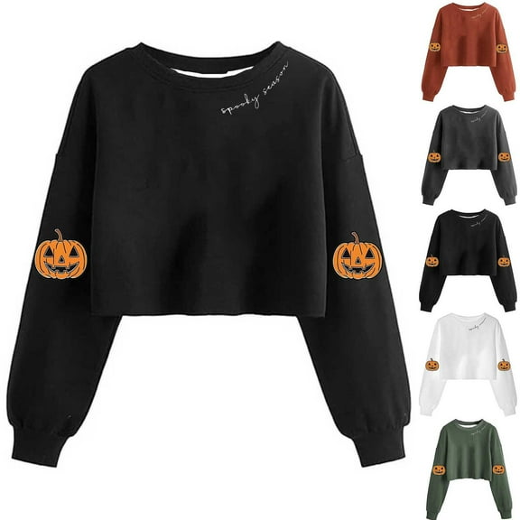 YOIAVAIOY Women Cropped Sweatshirt Halloween Pumpkin Shirts Novelty Holiday Sweatshirts Spooky Season Pullover Tops Black M
