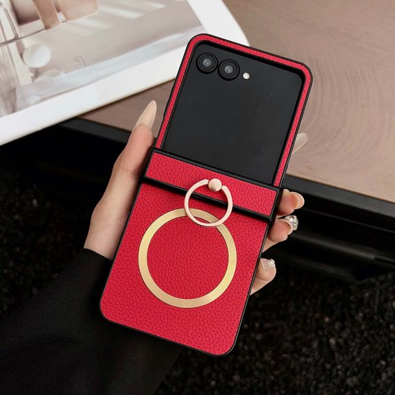For Motorola Razr 60 Ultra/Ultra 2025 Phone Case,Compatible with Mag-Safe,With 360°Rotatable Diamond Finger Ring Kickstand,Hinge Protection,PU Leather Shockproof Ultra Slim Durable Phone Case,Red