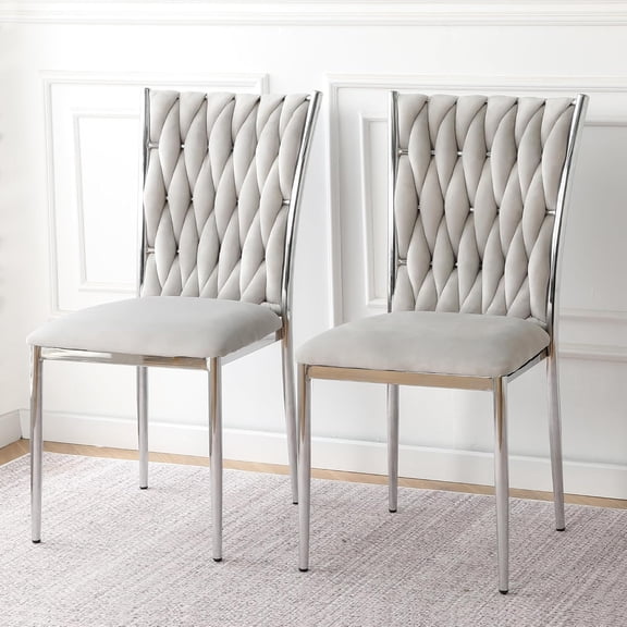 LQLI Velvet Dining Chairs Set of 2 Modern Hand Weaving Accent Kitchen Chairs Upholstered Side Chair with Silver Metal Legs for Dining Room Kitchen Bedroom Vanity Living Room (Light Gray)
