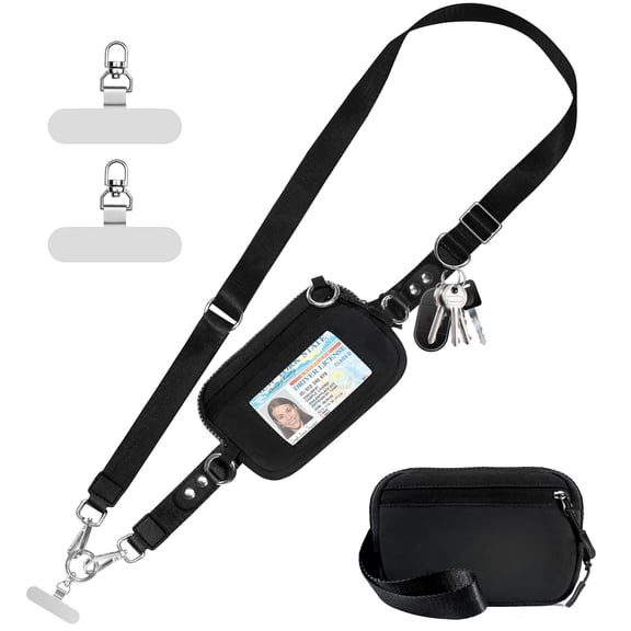 Cysiyu Clip and Go Strap for Phone with Wallet Crossbody Phone Lanyard Adjustable and Detachable RFID Wristlet Wallet with ID Window and Zipper,Black