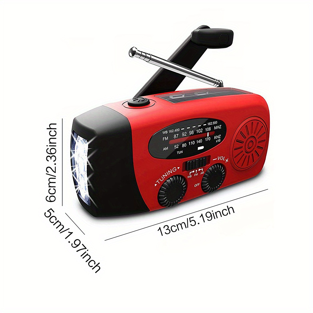 This versatile portable radio features a 2000mAh battery, is powered by a hand crank and solar power, supports USB charging, features FM, AM, WB, NOAA weather radio, and comes with an emergency LED fl