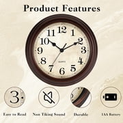 12 Inch Wall Clock Battery Operated Silent Non-Ticking Analog Wall Clock Vintage Retro Rustic Style Decorative for Living Room Kitchen Home Office(Bronze)