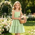 thumbnail image 3 of Kids Girl's Summer Sleeveless Loose Dress Square Neck Green A-Line Dress With Pleated Decoration And Elastic Waistband Layered Ruffle Kawaii Mid Long Summer Dresses For 9-10 Years, 3 of 6
