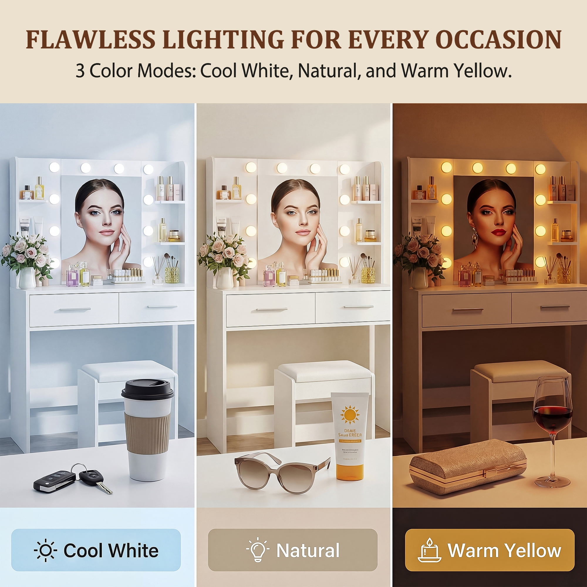 Homall Makeup Vanity Set with Mirror & Stool, Vanity Desk with LED Lights & Fast-Charging Outlet, Vanity Table for Bedroom Dressing Room, White