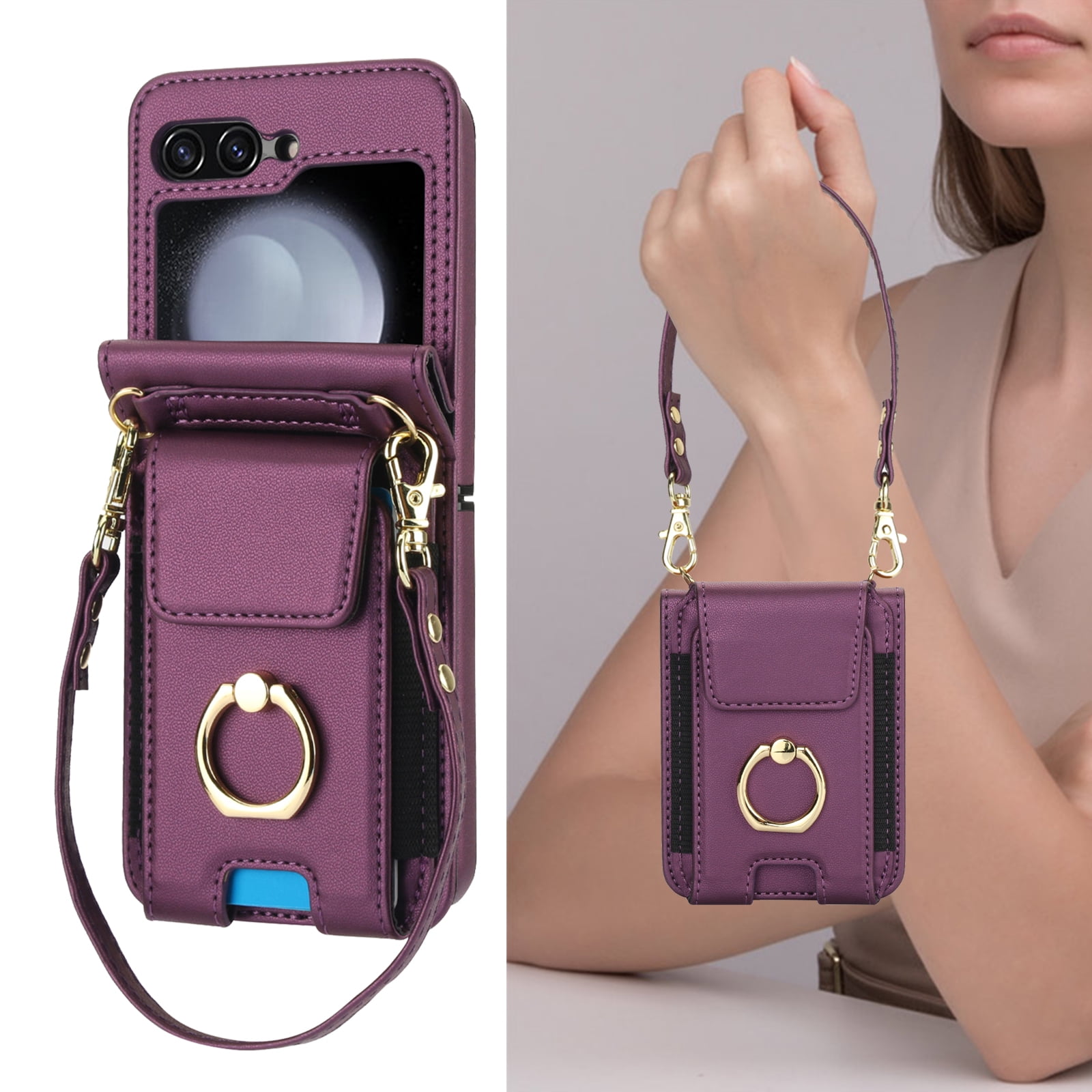 for Motorola Razr 60/Razr 2025 Case, Retro PU Leather Shockproof Protection Phone Case Wallet Built in Credit Card Slots Flip Cover Finger Ring Stand with Long Strap + Short Strap, Darkpurple