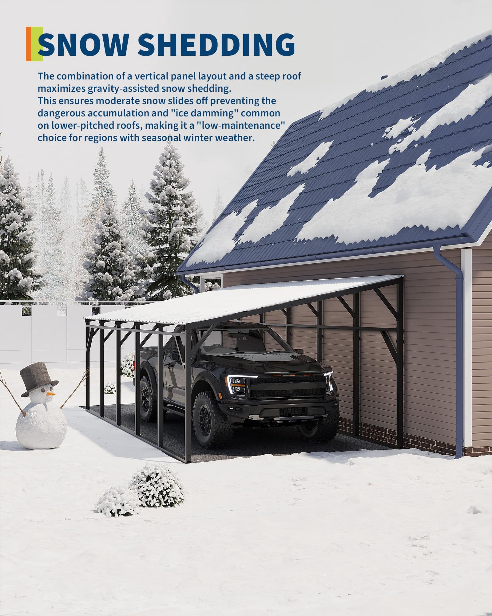 12x25 ft Lean-to Metal Carport, Vertical Roof Wall-Mounted Car Port for Snow Shedding, Heavy-Duty 19-Ga. Steel Frame, 107" to 78" Height for Long-Bed Pickup & SUV