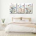 thumbnail image 2 of 3-Pieces Set Framed Watercolor Daisy Flower Canvas Wall Art Colorful Plant Decor Girls Pink Wildflower Pictures Green Leaves Rustic Art Purple Printing Farmhouse decor Living Room Bedroom Bathroom, 2 of 6