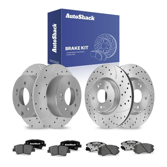 AutoShack Front Vented & Rear Solid Drilled & Slotted Coated Brake Rotors Silver Matte Finish   Ceramic Pads 12-PC Brake Kit Replacement for 2012-2013 Kia Soul TurboGuard