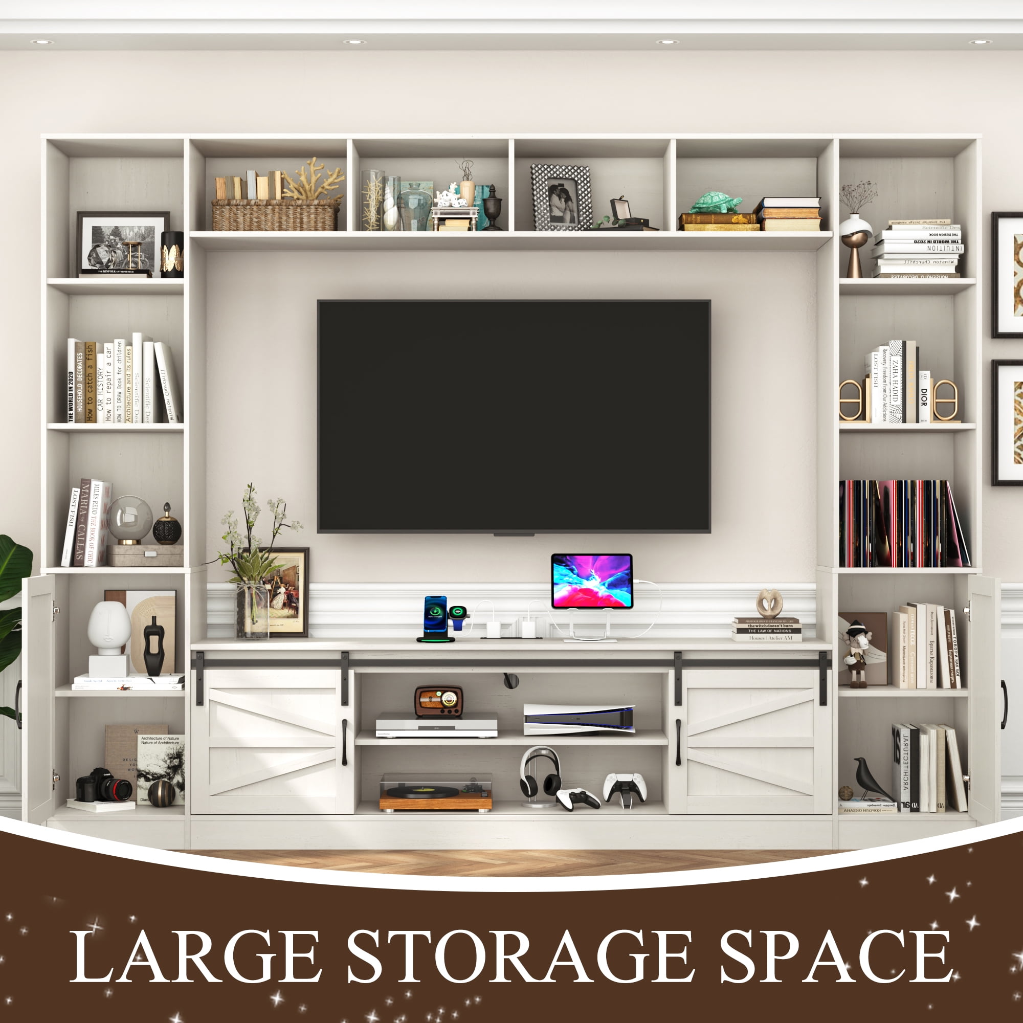 ChVans 103" Rustic TV Farmhouse Wall Unit Entertainment Center for TVs up to 80", Large Wall Unit TV Stand with Bookshelves, Charging Station & Sliding Barn Door Cabinets, White