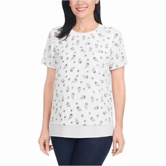 Hilary Radley Women's Short Sleeve Double Layer Blouse, Off-White/Black, Size XS
