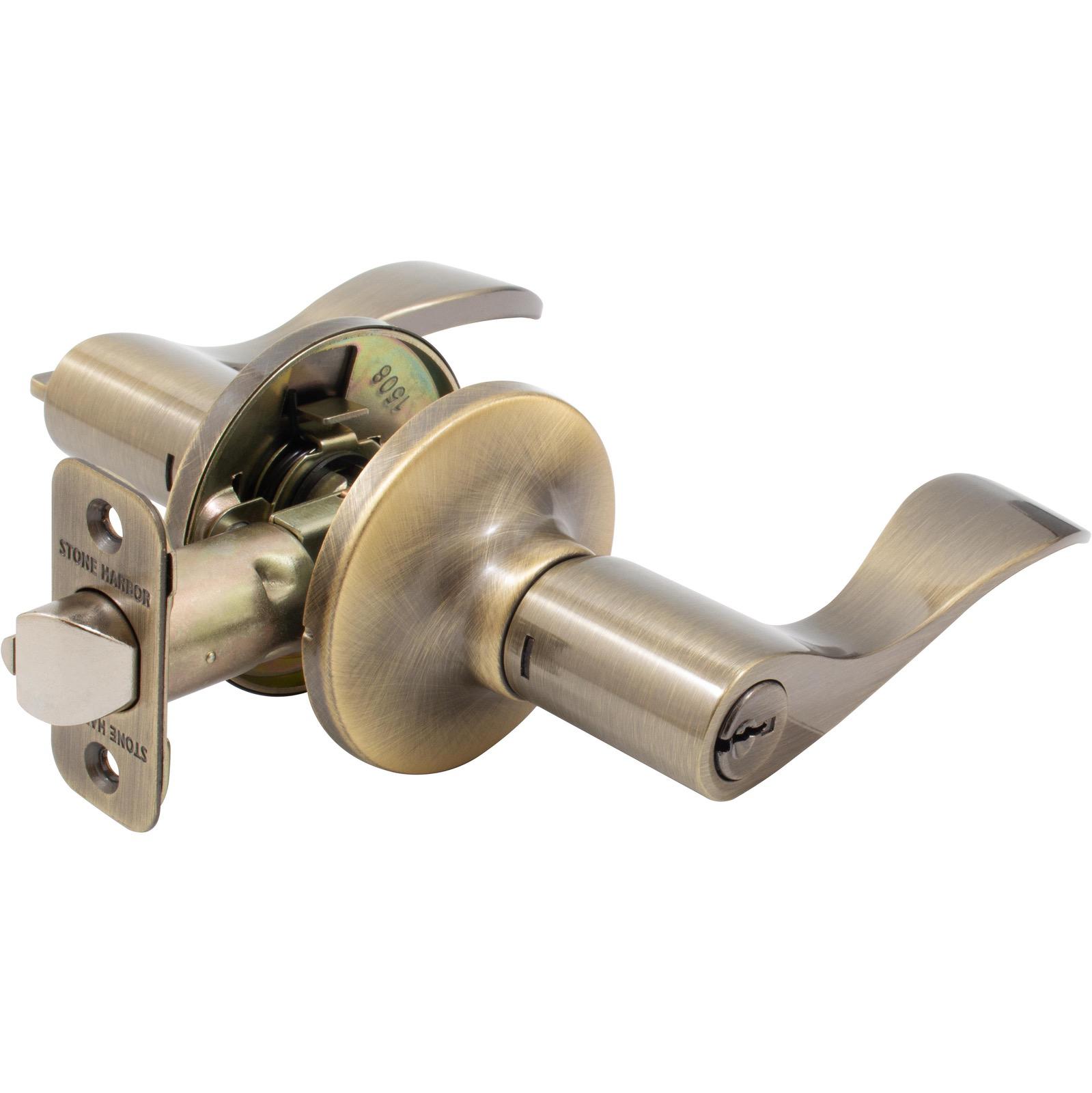 Beaverton Door Lever, Entry Latch, KW Keyway, Antique Brass by Stone