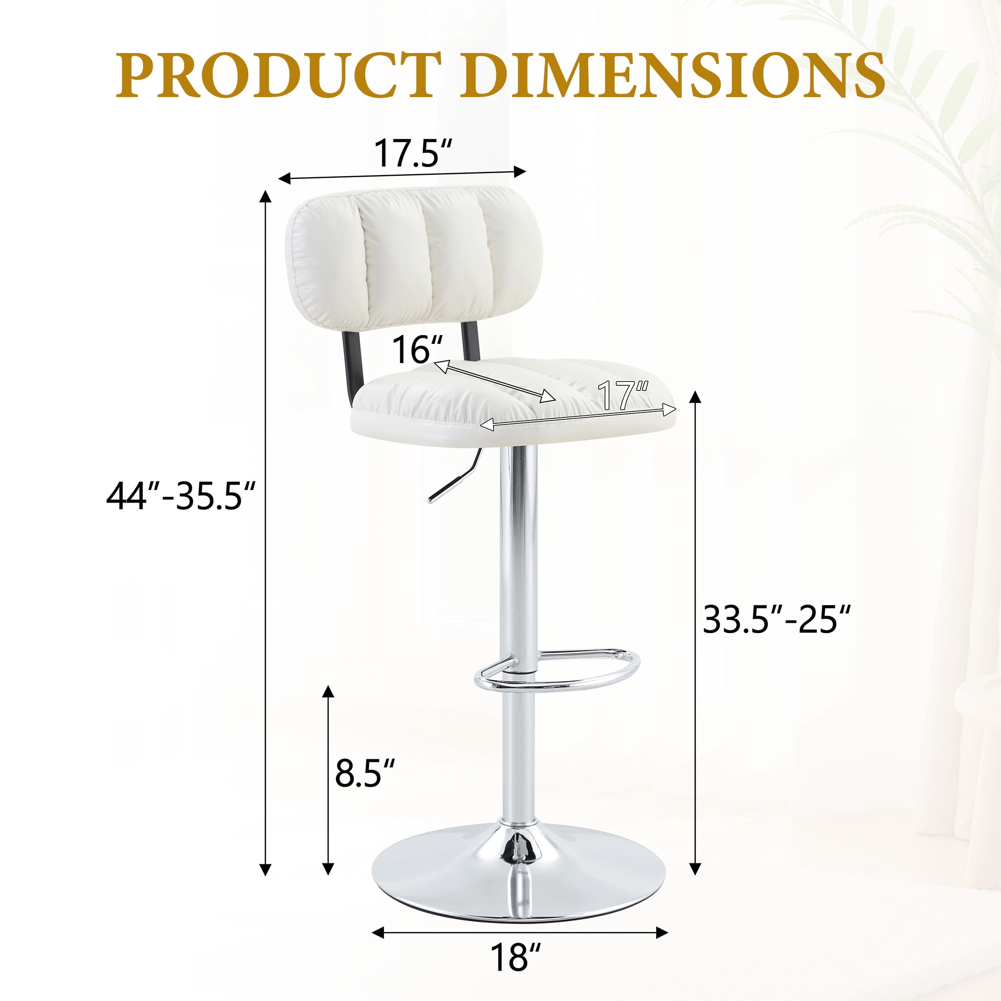 Alvantor Set of 2 White PU Leather Adjustable Bar Stools with Chrome Base