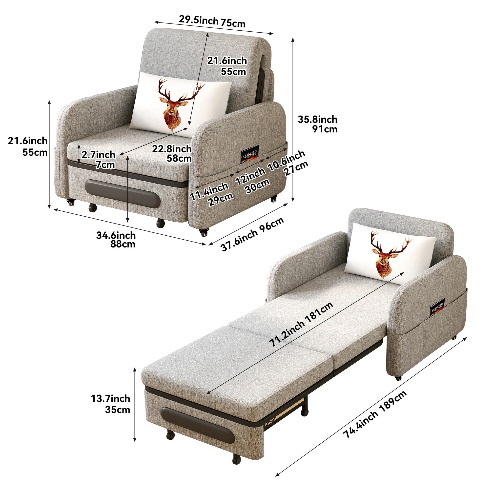 NessCarsti Living Room & Apartment Gray & White Sofa Bed - Extendable Design with Storage Trundle, Convertible Futon