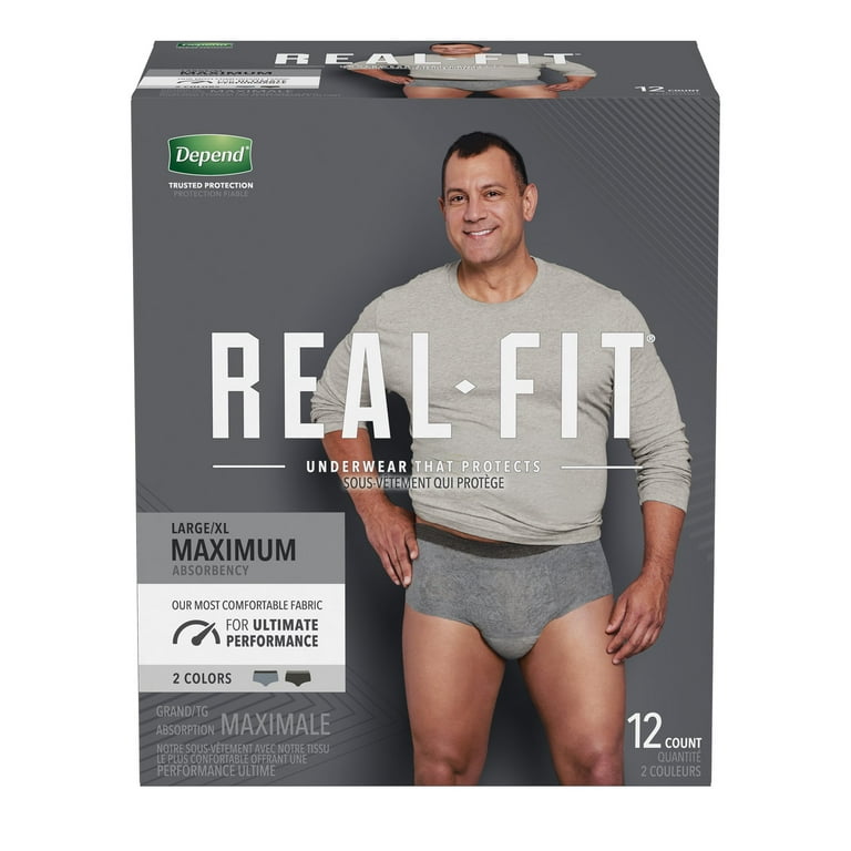 Depend Real Fit Adult Incontinence Underwear for Men, Maximum, L/XL, Black  & Grey, 12Ct