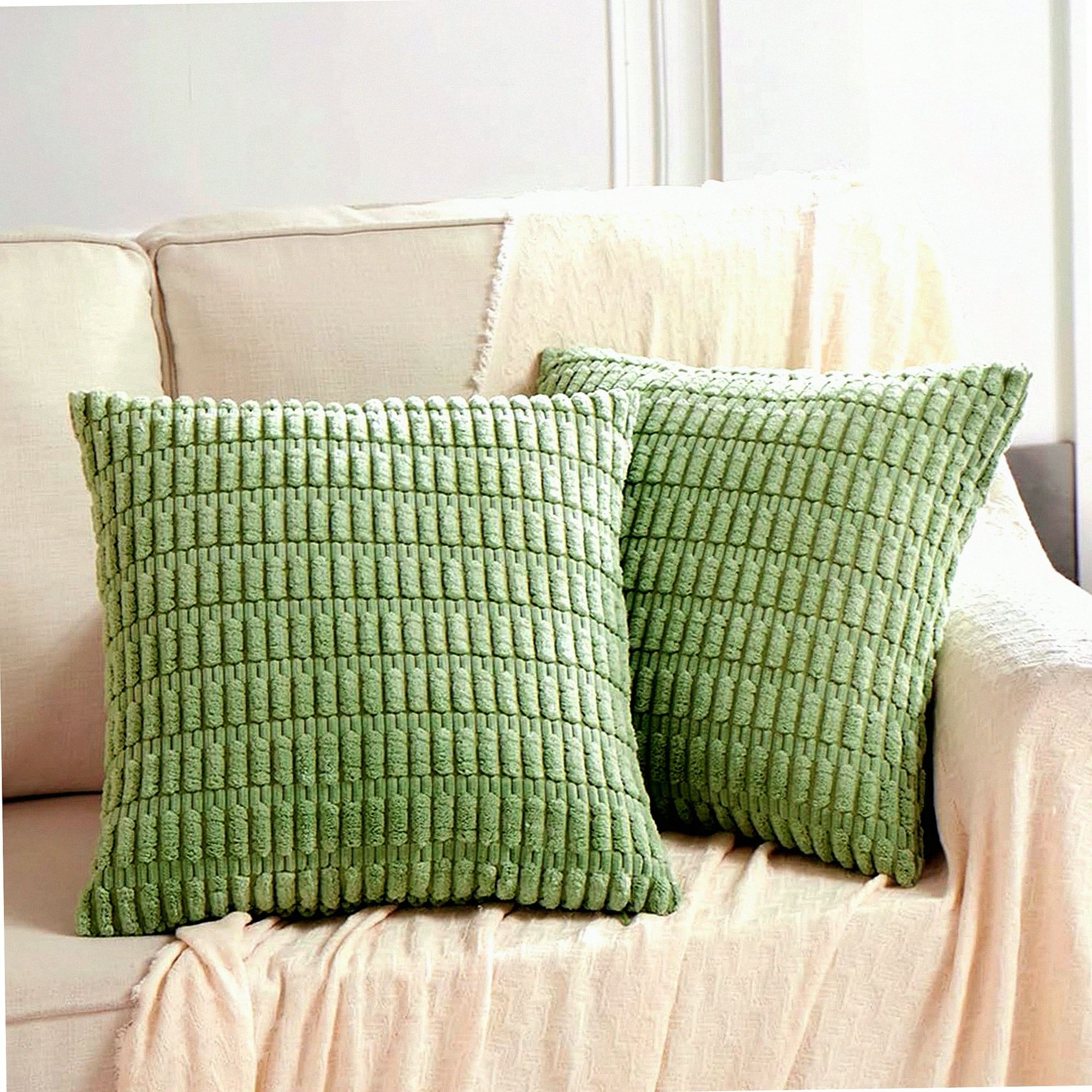 Sage Green Striped Corduroy Pillow Covers Set of 2 18x18 Inch Square Cushion Cases for Living Room Couch Bed Sofa Rustic Farmhouse Boho Home