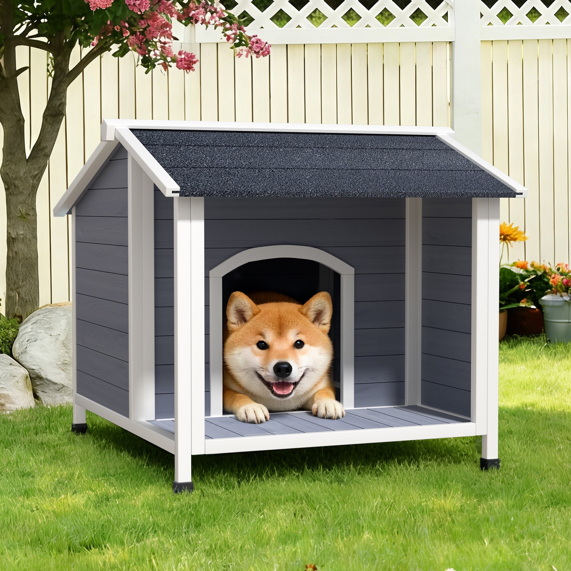 Outdoor Dog House, Weatherproof Wooden Dog Shelter with Asphalt Roof, Raised Floor Design, Easy Assembly, for Small to Medium Dogs