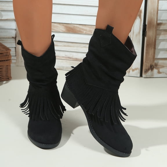 Mgmyaa Women's Mid-Calf Boots Tassel Almond Toe Low Block Heel Tassel Cowboy Booties
