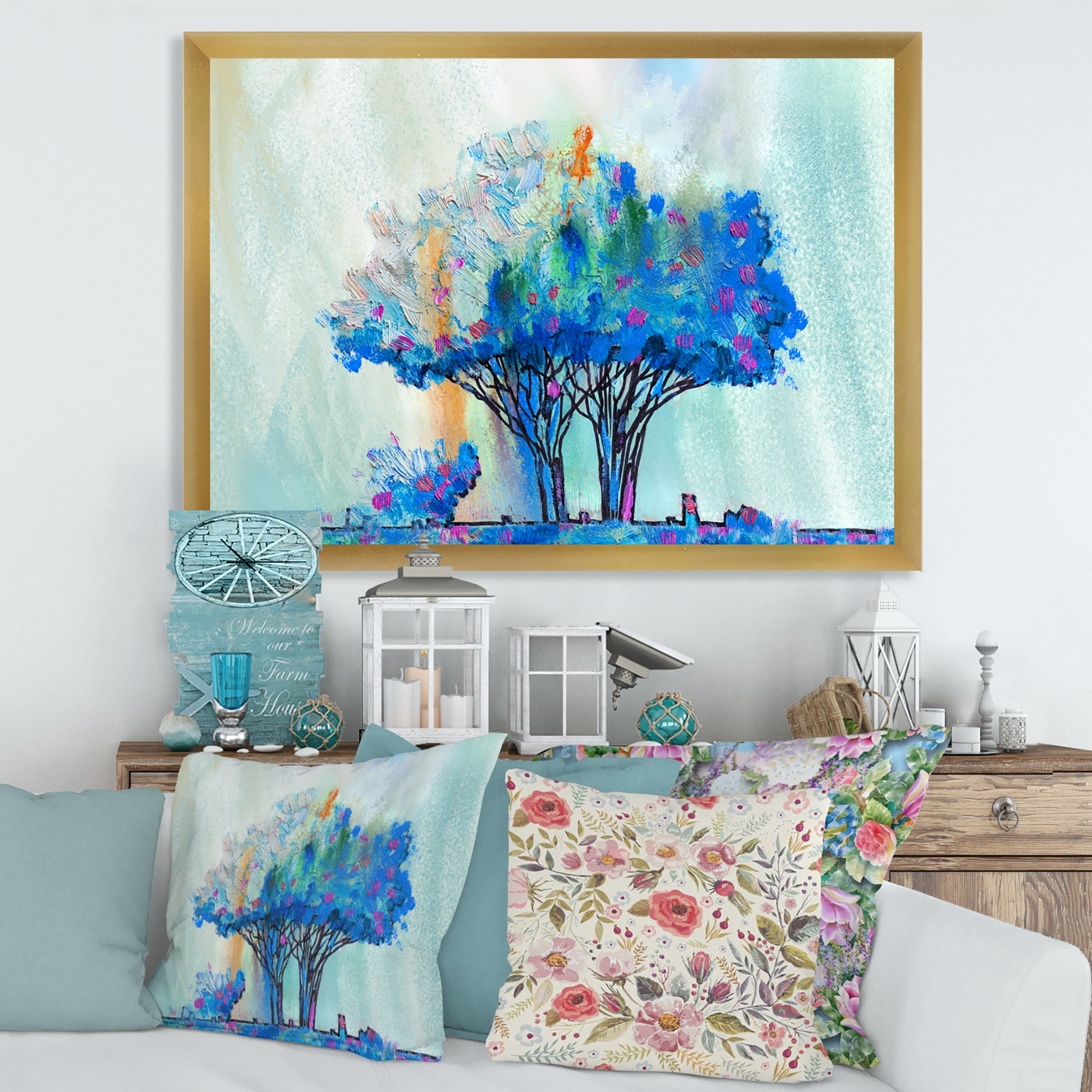 Designart 'Blue Coloured Tree Abstract Impression I' Modern Framed Art Print