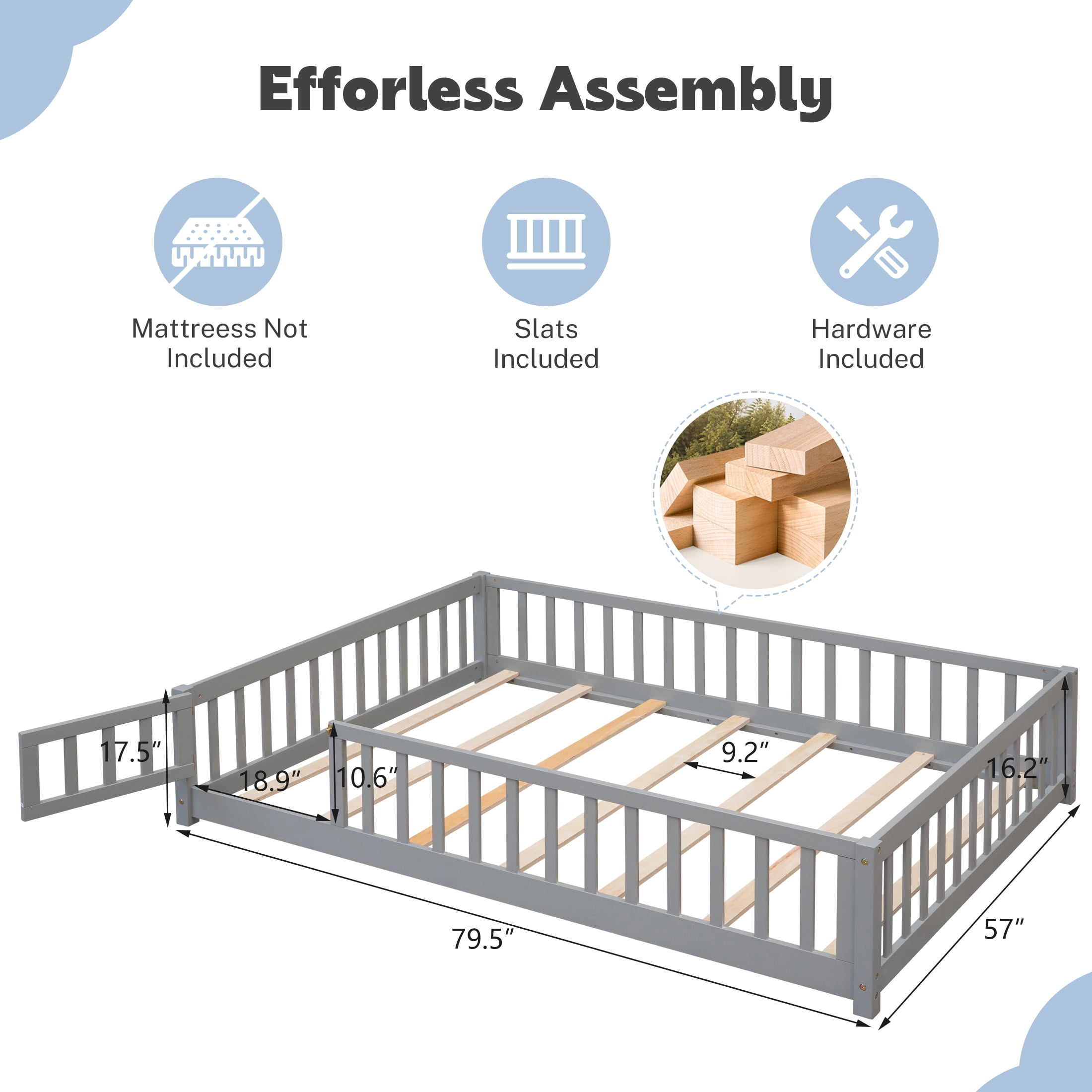 PAPROOS Full Montessor Floor Bed, Solid Wood Toddler Bed with Safety Guardrail and Door, Easy Assembly, Low-to-Floor Bed Frame with Slats for Kids, Gray